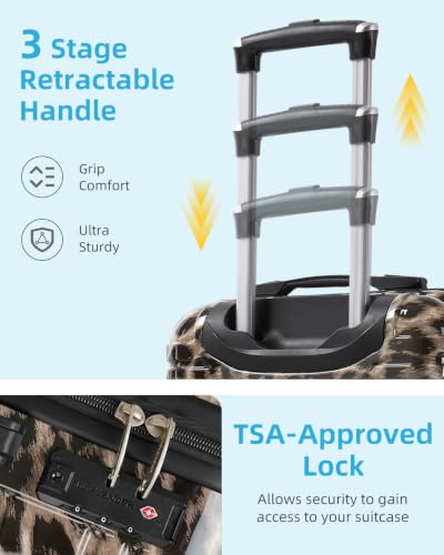 LARVENDER Carry on Luggage Sets 3 Piece, 20" Suitcase with Wheels, Cheetah | 22x14x9 Airline Approved, Lightweight PC+ABS Leopard Prints Shell, Smooth 360° Wheels, TSA Lock, 3-Piece Set with Backpack - color: Cheetah-20BP, size: 3 Piece Set (Backpack/TB/2