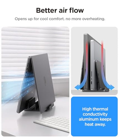 Spigen Vertical Laptop Stand Holder for Desk | with Adjustable Dock, 4 Slots Total for All MacBook 11"-16"/HP/Dell/Surface/Samsung/LG/Chrome Book - Space Gray
