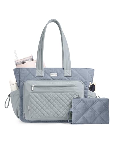 TOPDesign Puffer Laptop Bag for Women, Quilted Teacher Tote Nurse Work Briefcase, Computer Handbag with 40oz Cup Holder - color: Blue Grey/Light Grey/Light Grey, size: 15.6 Inch