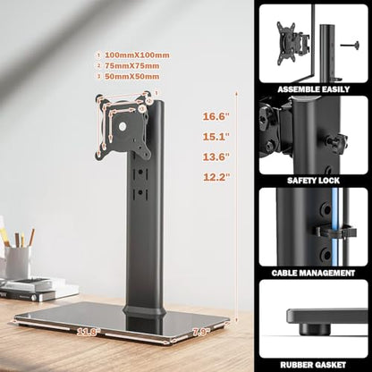 Single LCD Computer Monitor Free-Standing Desk Stand Mount Riser for 13 inch to 32 inch screen with Swivel, Height Adjustable, Rotation, Vesa Base Stand Holds One (1) Screen up to 77Lbs(HT05B-001)) - color: Black