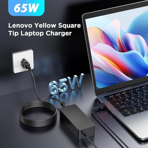 65W Laptop Charger for Lenovo ThinkPad & IdeaPad | 65W 20V 3.25A Power Adapter Fits Lenovo ThinkPad Yoga, Rectangle Yellow Tip, Power Cord Included