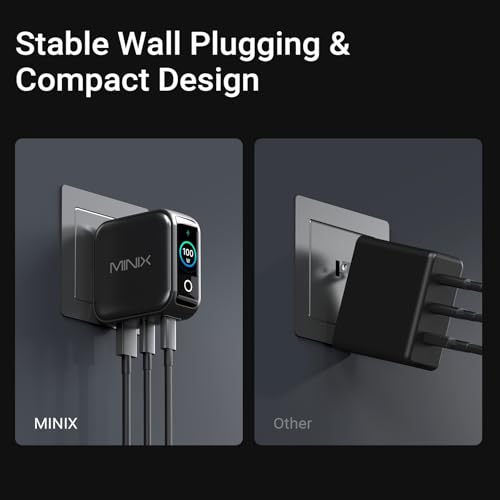 MINIX 100W 3-Port GaN USB C Fast Charger Block with Smart Display, Foldable | Ultra-Compact Laptop Travel Wall Adapter, Touch Control for MacBook Pro, iPhone 17/16, iPad, Galaxy S25/24 (Non-Battery)