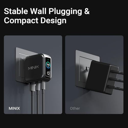MINIX 100W 3-Port GaN USB C Fast Charger Block with Smart Display, Foldable | Ultra-Compact Laptop Travel Wall Adapter, Touch Control for MacBook Pro, iPhone 17/16, iPad, Galaxy S25/24 (Non-Battery)