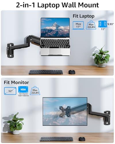 MOUNTUP Laptop Wall Mount, Adjustable Laptop Mount for Max 17" Notebook or Max 32" Monitor, Wall Mount Laptop Holder Holds 4.4-22lbs, 2-in-1 Laptop Arm with Ventilated Tray - size: Single, style: Wall mount
