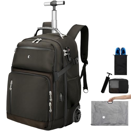 Backpack with wheels,rolling backpack with 2 Packing Cubes,compression bags for travel,Water-Resistant Carry-On Luggage,Business and Commuting (Brown) - color: Brown