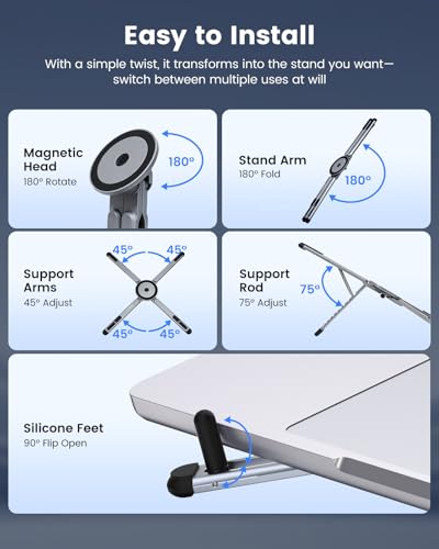 LENTION Laptop Stand, Magnetic Foldable 8-Level Adjustable MagSafe Riser | Ergonomic Portable Handhold Aluminum Tripod Holder; Fits 10-16 Inch Laptops, Phones & Tablets for Home, Office & Travel Use