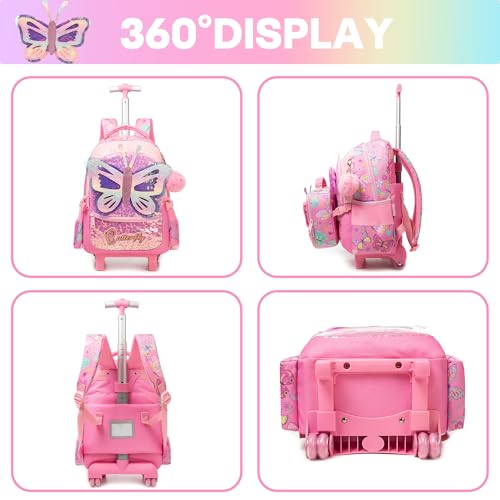Meetbelify Rolling Backpack for Girls Backpacks with Wheels for Elementary Preschool Students 3 in 1 Carry on Travel Luggage Kids Suitcase with Lunch Box Pencil Case for Girls Age 8-10 - color: Butterfly 02