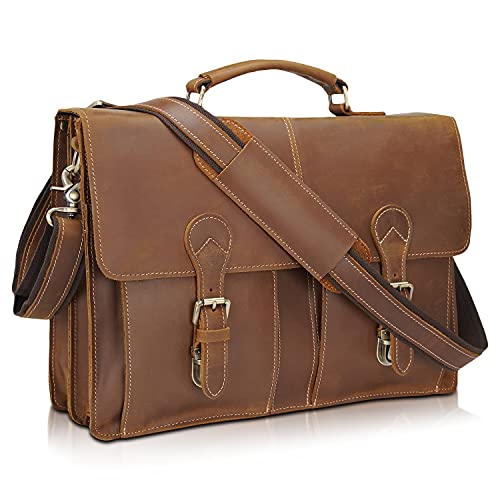 Polare 16" Full Grain Leather Messenger Bag Laptop Briefcase Bag Professional Work Bag For Men with YKK Zippers - color: Brown