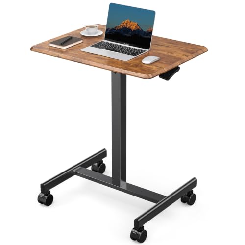 DUMOS Mobile Small Standing Desk, Portable Rolling Laptop Desk with 2 Lockable Wheels, Adjustable Height Computer Workstation for Home Office, 19 Inch Brown - color: Brown
