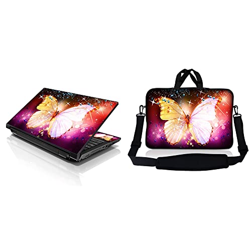 LSS 15 15.6 inches Laptop Sleeve Bag with Matching Laptop Skin Sticker Combo | Carrying Case w/Handle & Adjustable Shoulder Strap for 14" 15" 15.6" - Sparkling Butterfly - color: Sparkling Butterfly, size: 15 inch
