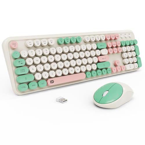 Pastel Wireless Keyboard and Mouse Combo, Cute Aesthetic Round Key Keyboard, 2.4Ghz Retro Typewriter Style Full Size Keyboard with Number Pad for Long Nails PC Laptop Desktop - color: Pastel Wireless Keyboard Mouse