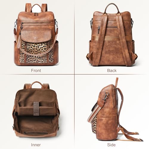 Laptop Backpack for Women 15.6 inch,Travel Leather Backpack Purse Nurse Teacher Carry on Backpack Computer Bag,Professional Water-Resistant College Business Work Casual Daypack,Two-tone Maroon - color: Brown With Leopard