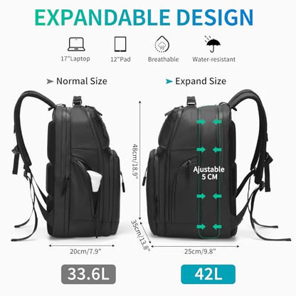Expandable Business Backpack with 17" Laptop Compartment - Waterproof, Airline Approved, 33L-42L Capacity, for Work & Travel, Black - color: Black