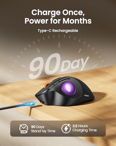 ProtoArc EM02 Wireless Trackball Mouse, Ergonomic Thumb Ball, Purple | 0/15° Adjustable Angle for Different Wrist Positions, Connect 3 Devices Via Bluetooth/2.4G USB-A, Rechargeable Battery - color: Purple