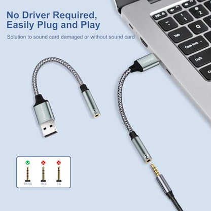 (2-Pack) QimKero External Stereo Sound Card, USB-A to 3.5mm TRRS 4-Pole Female, USB to 3.5mm AUX Stereo Audio Cable for PC Windows, Laptop, Mac, Desktops, Linux, PS4 Plug and Play No Drivers Needed