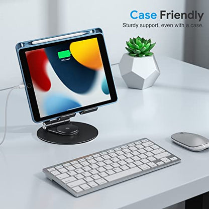 OMOTON Swivel Tablet Stand for iPad with 360 Rotating Base, Foldable Adjustable Holder for Drawing, Compatible with iPad Pro/Air/Mini and More, Black Gray | Aluminum Foldable Mount with Rotating Base, Desk Kitchen Drawing Travel, Fits iPad Pro/Air Samsung