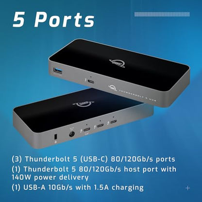 OWC Thunderbolt 5 Hub 5-Port Connectivity Solution | 4x Thunderbolt 5 80/120Gb/s - Up to 140W PD - USB-A 10Gb/s - Compatible with Thunderbolt 5/4/3, USB4 & USB-C - style: Thunderbolt 5