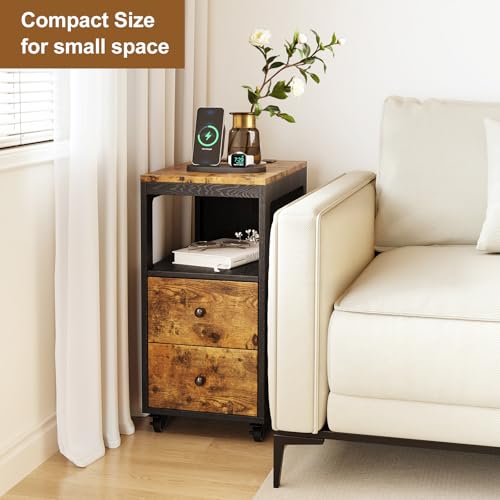 Narrow End Table with Charging Station and Wheels, Movable Narrow End Table with USB Ports and Outlets for Small Space, Living Room, Bedroom and Office, with 4 Wheels ( Rustic Brown + Black) - color: [A1] Black & Brown