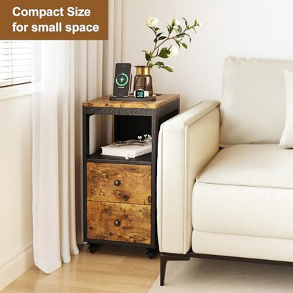 Narrow End Table with Charging Station and Wheels, Movable Narrow End Table with USB Ports and Outlets for Small Space, Living Room, Bedroom and Office, with 4 Wheels ( Rustic Brown + Black) - color: [A1] Black & Brown