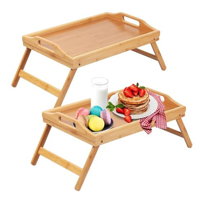 Artmeer Bed Tray Table with Foldable Legs,Bamboo Breakfast Tray with Handles Ideal for Sofa, Bed, Eating,Working,Used As Laptop Desk Snack Tray 2 Pack Bamboo - color: Bamboo-2 Pack