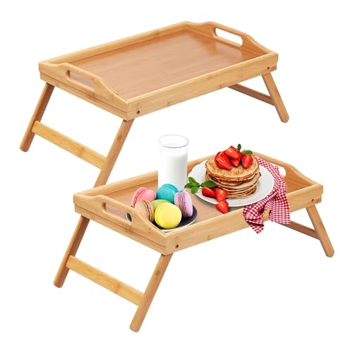 Artmeer Bed Tray Table with Foldable Legs,Bamboo Breakfast Tray with Handles Ideal for Sofa, Bed, Eating,Working,Used As Laptop Desk Snack Tray 2 Pack Bamboo - color: Bamboo-2 Pack