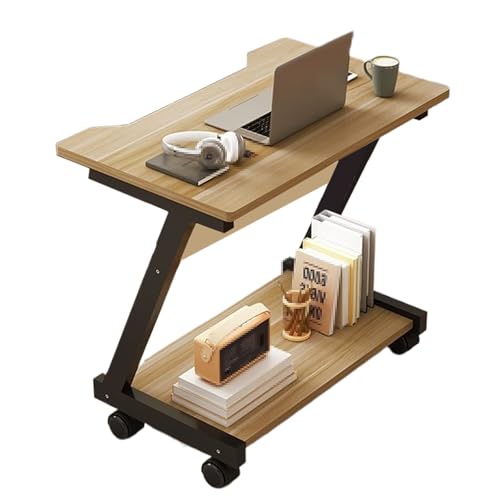 Overbed Table with Wheels Steel Wooden Bedside Table, Laptop Bedside Table, Movable Sofa Side Table, Z Frame, Shaped Table Top, for Bedroom, Living Room(Brown) - color: Brown