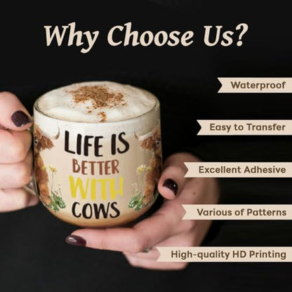 UV DTF Cup Wraps Transfer Stickers Christian Highland Cattle and Sunflower, 10 Sheets Waterproof Custom Vinyl Transfer Sticker 16oz Coffee Glass Cup Tumbler Bottle Mug Decals for Men Women | Waterproof UV DTF Stickers, Custom Vinyl Decals for 16oz Coffee