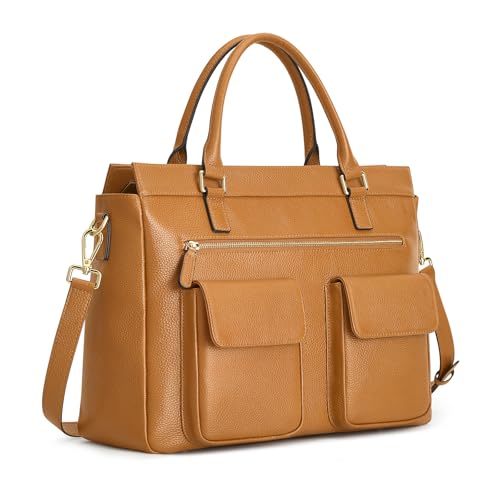 Kattee Leather Briefcase for Women, 15 Inches Laptop Bag, Work Tote with Luggage/Shoulder Strap - color: Brown