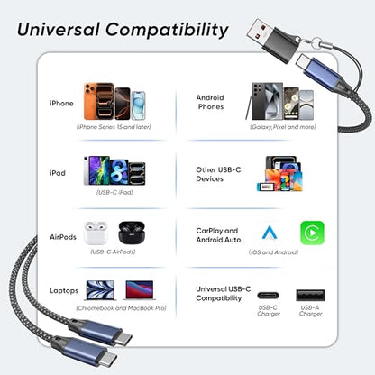 6.6FT 2-in-1 USB C to Dual USB C Cable, 140W Braided USBC Splitter Charging Cord for iPhone 17/17 Pro Max/16 Series,MacBook Air/Pro,and More, USB-A Adapter Included - size: 6.6FT