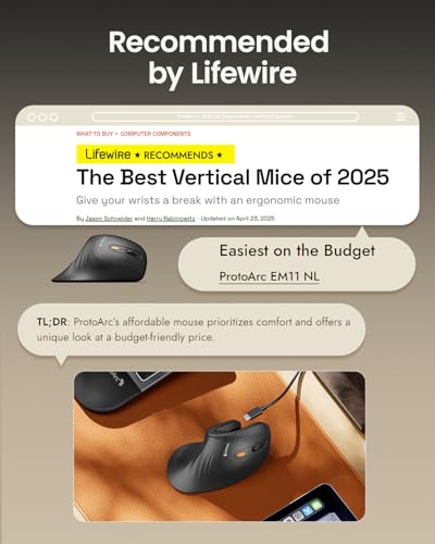 ProtoArc EM11 NL Wireless Ergonomic Vertical Mouse, Rechargeable, Wine Red | 58° vertical design supports a natural wrist posture, connect 3 devices via Bluetooth/2.4G USB-A, 500mAh USB-C rechargeable. - color: Wine Red