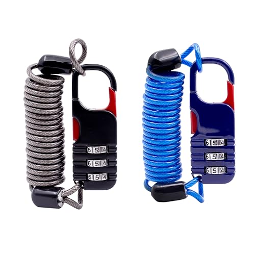 Small Cable Locks with Combination, Travel Combo Lock with Retractable Cable for Ski Gear, Snowboard, Luggage, Suitcases, Backpack, Bike, Bicycle, Scooter, Motorcycle Helmet Anti Theft - color: Black+Blue