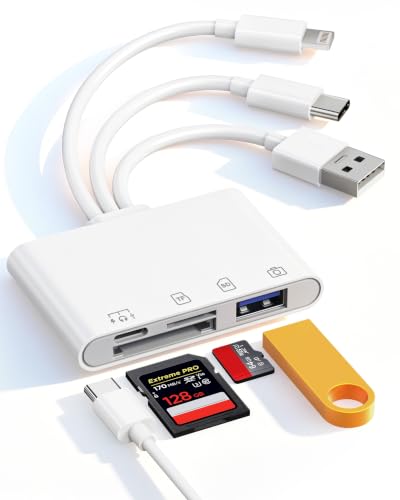 USB Flash Drive Adapter for iPhone iPad - 4-in-1 USB-C OTG Adapter with SD/Micro SD Slots, USB-A & USB-C Flash Drive Ports + Type-C Charging, Transfer Photos from Camera to Phone & Computer