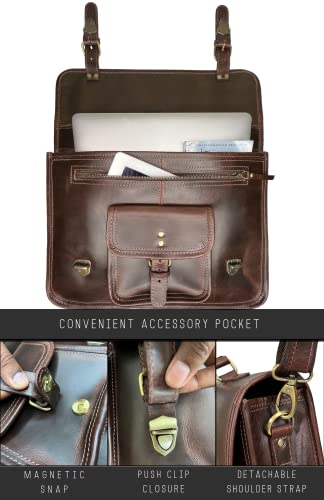 Leather Messenger Bag for Men - 16 Inch Laptop Briefcase, Office Satchel | Fits 16" Laptop & Documents, Top-handle, Removable Shoulder Strap, Brass Fittings, Luggage Sleeve, Organized Pockets - color: Mulberry