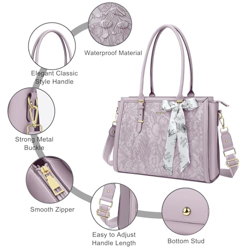 MOSISO Laptop Bag for Women, 17-17.3 inch PU Leather Tote Bag | Compatible with MacBook, HP,Dell, Front Embossed Retro Hibiscus Computer Bags with Silk Scarf&Clutch Purse, Dusty Lilac - color: Dusty Lilac, size: 17.3 inch