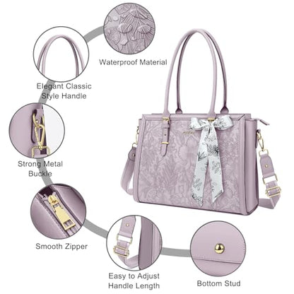 MOSISO Laptop Bag for Women, 17-17.3 inch PU Leather Tote Bag | Compatible with MacBook, HP,Dell, Front Embossed Retro Hibiscus Computer Bags with Silk Scarf&Clutch Purse, Dusty Lilac - color: Dusty Lilac, size: 17.3 inch