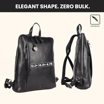 12.5 Inch Genuine Leather Backpack for Women & Men | Black Leather Backpack with Adjustable Shoulder Strap, Small Bookbag Purse with YKK Zippers, Zipper & Mobile Pocket Storage - color: Black