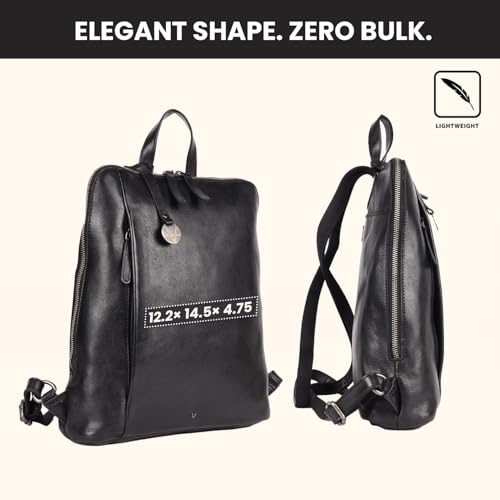12.5 Inch Genuine Leather Backpack for Women & Men | Black Leather Backpack with Adjustable Shoulder Strap, Small Bookbag Purse with YKK Zippers, Zipper & Mobile Pocket Storage - color: Black