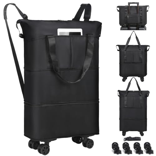 VOOWO Duffel Bag with Wheels - Rolling Foldable Expandable Duffle Bag with Wheels for Travel, Rolling Luggage Bag Carry On Travel Bag with Wheels, Large Wheeled Overnight Weekender Bag (Black) - color: Black
