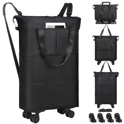 VOOWO Duffel Bag with Wheels - Rolling Foldable Expandable Duffle Bag with Wheels for Travel, Rolling Luggage Bag Carry On Travel Bag with Wheels, Large Wheeled Overnight Weekender Bag (Black) - color: Black