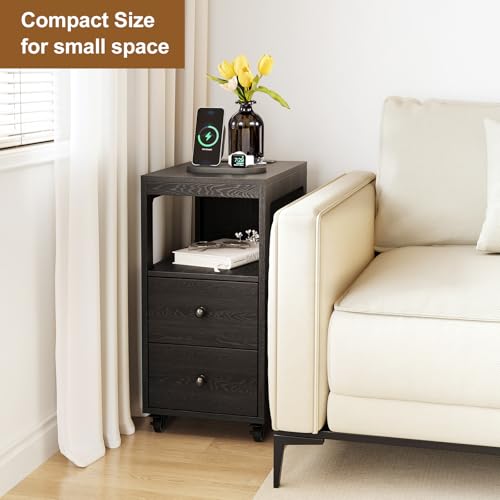 Narrow End Table with Charging Station and Wheels, Movable Narrow Sofa Side Table with USB Ports and Outlets for Small Space, Living Room, Bedroom and Office, Bedside with 4 Wheels (Black) - color: [A1] Black