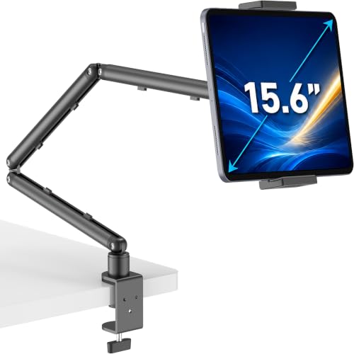 iPad Holder For Desk, Adjustable Tablet Arm iPad Desk Mount with C-Clamp | 30" Foldable Long Arm & 360° Rotation, Fits 4.7"-15.6" iPad Pro/Air/Mini, Phones & 15.6" Portable Monitors For Desk/Bed Use - color: Black, size: 15.6" Slim Clamp