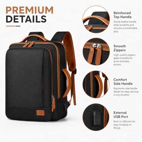 Business Laptop Backpack for Men and Women, Large Capacity Travel Backpack with USB Charging Port, Carry On Work Backpack with Padded Shoulder Straps, Black