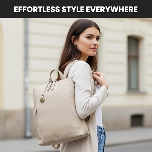 12.5 Inch Genuine Leather Backpack for Women & Men | Beige Genuine Leather Daypack Purse with Adjustable Shoulder Strap, Small Unisex Travel Casual Bookbag with Zipper Pockets - color: Beige