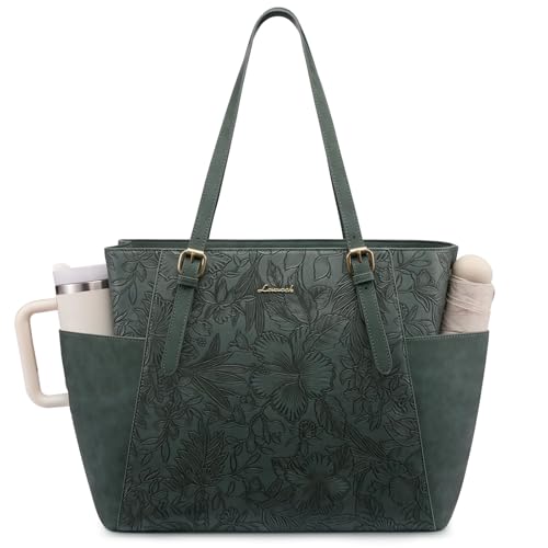 LOVEVOOK Laptop Tote Bag for Women,Leather Work Computer Briefcase Bag | Large Cup Holder,15.6 Inch Work Tote,Professional Briefcase,Teacher Commuter Shoulder Bag,Office,Travel,Gift - color: Green Embossed, size: 15.6 Inch