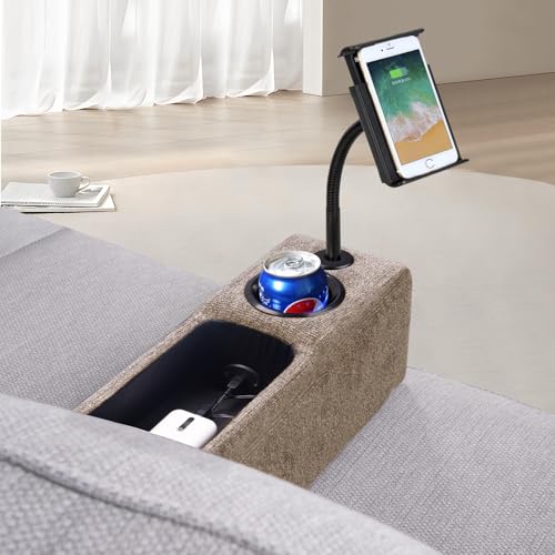 Multifunctional Sofa Armrest, Couch Armrest with Wireless Charge Stand, Removable Couch Caddy with Storage,Including LED Reading Light - color: Latte, size: Fabric-1 CUP