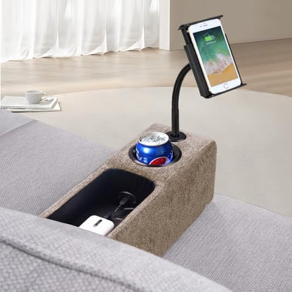 Multifunctional Sofa Armrest, Couch Armrest with Wireless Charge Stand, Removable Couch Caddy with Storage,Including LED Reading Light - color: Latte, size: Fabric-1 CUP