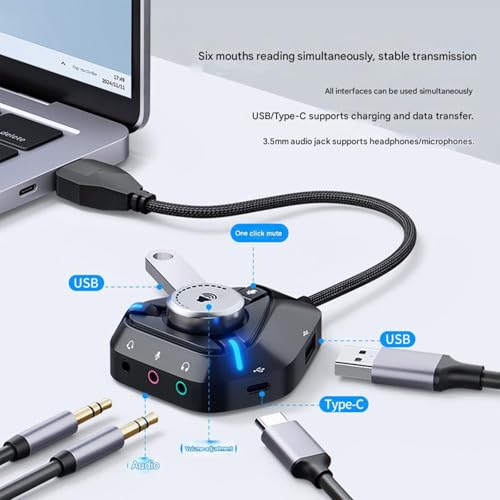 USB Sound Card External Sound Card USB to 3.5mm Adapter with 2xUSB 1xType C Headphone Mic Converter for Laptop External