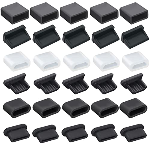 30 PCS 6 Types USB Anti Dust Cover Plugs, USB Type-C Dust Stopper, Silicone Soft Micro USB Cap Port Protector, Anti Dust Cover Protector Plugs Cap for USB A, Micro USB, Type C Ports (30PCS) - size: 30PCS
