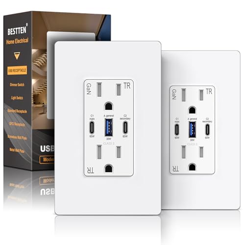 BESTTEN 2 Pack 65W USB C Outlet, GaN 3-Port USB Outlet Receptacle for Laptop, 15 Amp Ultra Fast Wall Outlet with 2 Type C & 1 Type A, Tamper Resistant, Screwless Wallplate Included, ETL Listed, White