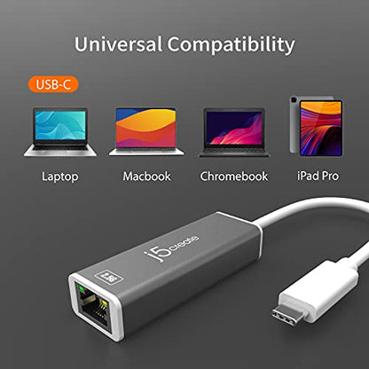 j5create USB-C to 2.5G Ethernet Adapter, RJ45 LAN 2.5 Gigabit Network to USB Type C/Thunderbolt Converter, Compatible for MacBook Pro/Air, Tablets, Dell XPS, Surface Pro 7 (JCE145)
